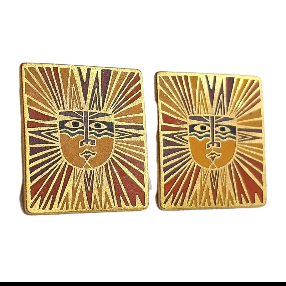 Vintage Laurel Burch "Sun Goddess" Square Cloisonne Gold Tone Statement Earrings